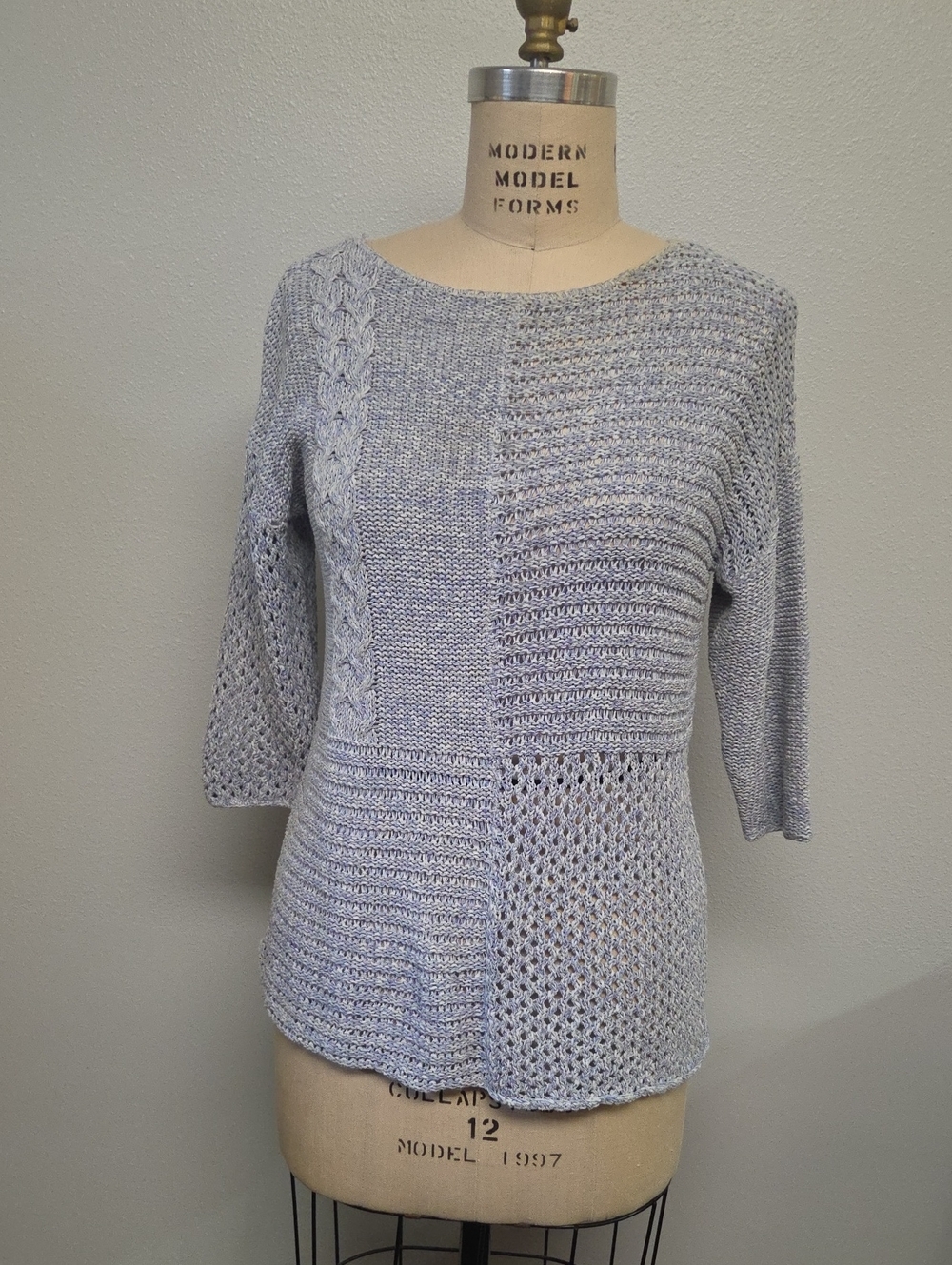 Sundance Pale Blue Patchwork Knit Crewneck Sweater